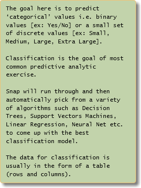 The goal here is to predict ‘categorical’ values i.e. binary values [ex: Yes/No] or a small set of discrete values [ex: Small, Medium, Large, Extra Large]. Classification is the goal of most common predictive analytic exercise. Snap will run through and then automatically pick from a variety of algorithms such as Decision Trees, Support Vectors Machines, Linear Regression, Neural Net etc. to come up with the best classification model. The data for classification is usually in the form of a table (rows and columns). 